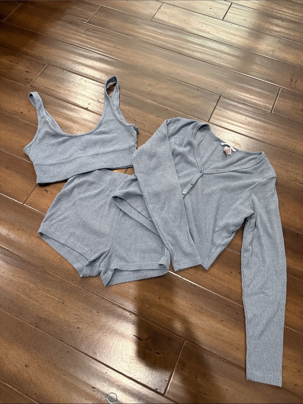 Super cute Victoria’s Secret Light Blue Ribbed Lounge Top, Cardigan & Shorts Set